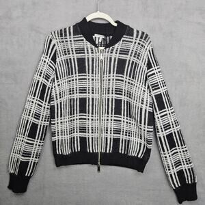 Marella Plaid Knited Zip Cardigan Sweater Black White Wool Blend Sz L NWT Luxury